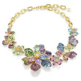 Collar Idyllia: cortes mixtos, pavé, flor, multicolor, chapado en tono dorado
