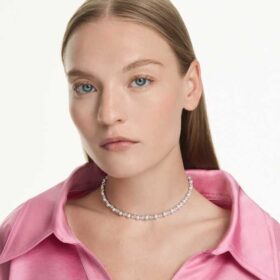 Collar Matrix Tennis con perlas de cristal, corte redondo, blanco, chapado en rodio