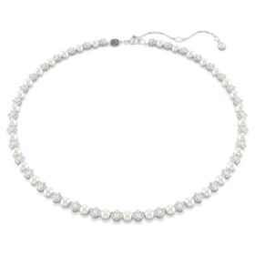 Collar Matrix Tennis con perlas de cristal, corte redondo, blanco, chapado en rodio