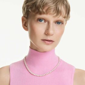 Collar Matrix Tennis con perlas de cristal, corte redondo, blanco, chapado en tono dorado