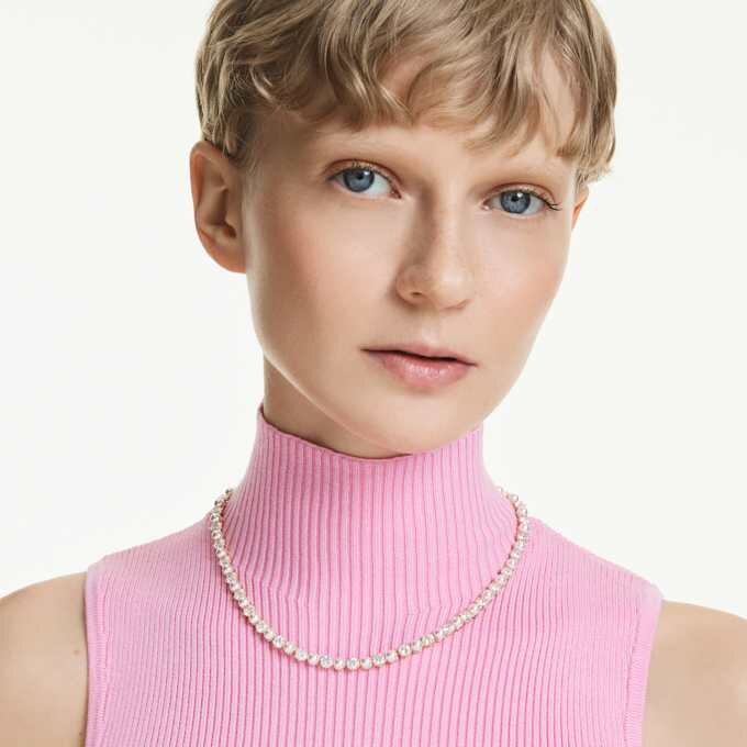 Collar Matrix Tennis con perlas de cristal, corte redondo, blanco, chapado en tono dorado Collar Matrix Tennis con perlas de cristal, corte redondo, blanco, chapado en tono dorado