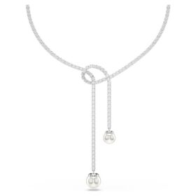 Collar Matrix Y con perlas de cristal, corte redondo, blanco, chapado en rodio