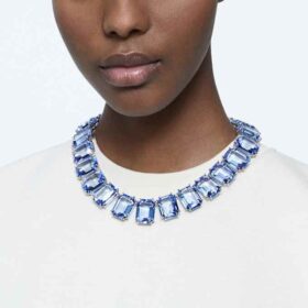 Collar Millenia con cristales extragrandes, corte octogonal, azul, chapado en rodio