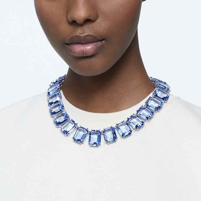 Collar Millenia con cristales extragrandes, corte octogonal, azul, chapado en rodio Collar Millenia con cristales extragrandes, corte octogonal, azul, chapado en rodio