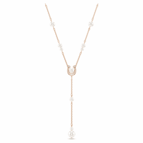 Collar Symbolica en forma de Y con perlas de cristal, pavé, herradura, blanco, chapado en tono oro rosa Collar Symbolica en forma de Y con perlas de cristal, pavé, herradura, blanco, chapado en tono oro rosa