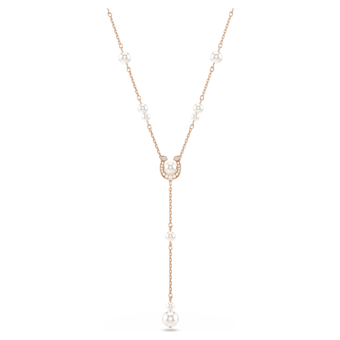 Collar Symbolica en forma de Y con perlas de cristal, pavé, herradura, blanco, chapado en tono oro rosa Collar Symbolica en forma de Y con perlas de cristal, pavé, herradura, blanco, chapado en tono oro rosa