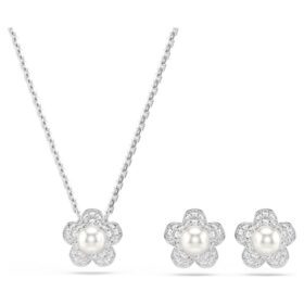 Conjunto Ariana Grande X Swarovski: perla de cristal, corte redondo, flor, blanco, chapado en rodio