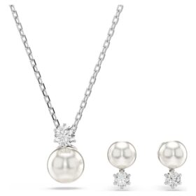 Conjunto Matrix de perlas de cristal, corte redondo, blanco, chapado en rodio