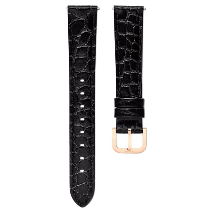Correa de reloj de 16 mm (0,63″) de ancho, de cuero con costuras, negra, con acabado en tono oro rosa Correa de reloj de 16 mm (0,63″) de ancho, de cuero con costuras, negra, con acabado en tono oro rosa