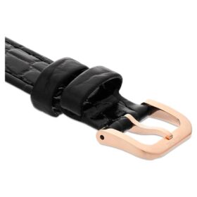 Correa de reloj de 16 mm (0,63″) de ancho, de cuero con costuras, negra, con acabado en tono oro rosa Correa de reloj de 16 mm (0,63″) de ancho, de cuero con costuras, negra, con acabado en tono oro rosa
