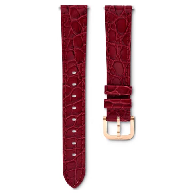 Correa de reloj de 16 mm (0.63″) de ancho, de cuero con costuras, roja, con acabado en tono oro rosa Correa de reloj de 16 mm (0.63″) de ancho, de cuero con costuras, roja, con acabado en tono oro rosa