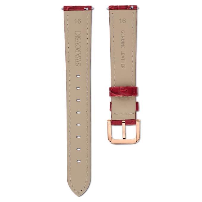 Correa de reloj de 16 mm (0.63″) de ancho, de cuero con costuras, roja, con acabado en tono oro rosa Correa de reloj de 16 mm (0.63″) de ancho, de cuero con costuras, roja, con acabado en tono oro rosa