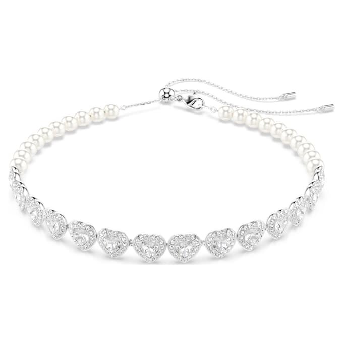Gargantilla Ariana Grande x Swarovski con cortes mixtos, perlas de cristal, corazón, blanco, chapada en rodio Gargantilla Ariana Grande x Swarovski con cortes mixtos, perlas de cristal, corazón, blanco, chapada en rodio