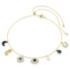 Gargantilla Symbolica con perlas de cristal, luna, símbolo de Infinity, trébol, ojo del mal y herradura, azul, chapada en tono dorado Gargantilla Symbolica con perlas de cristal, luna, símbolo de Infinity, trébol, ojo del mal y herradura, azul, chapada en tono dorado