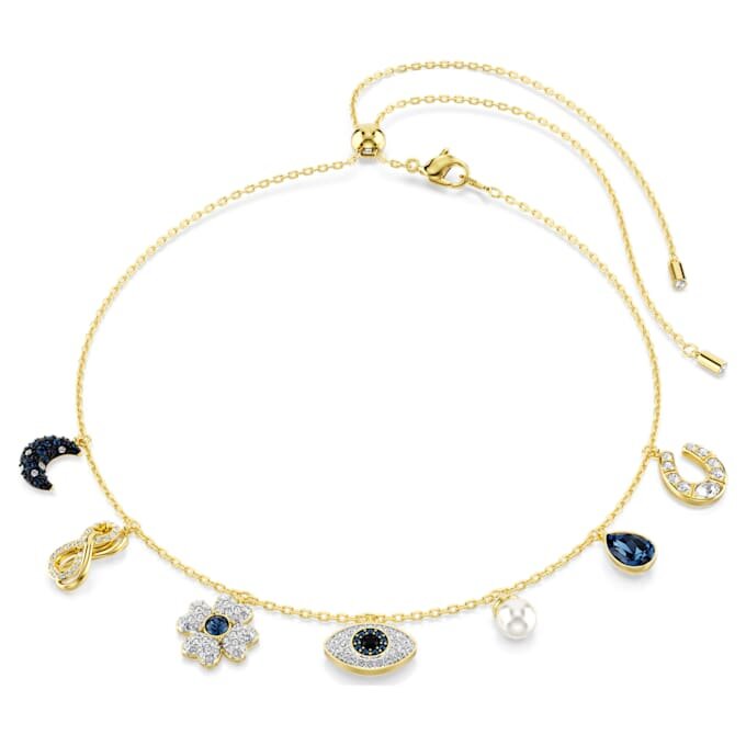 Gargantilla Symbolica con perlas de cristal, luna, símbolo de Infinity, trébol, ojo del mal y herradura, azul, chapada en tono dorado Gargantilla Symbolica con perlas de cristal, luna, símbolo de Infinity, trébol, ojo del mal y herradura, azul, chapada en tono dorado
