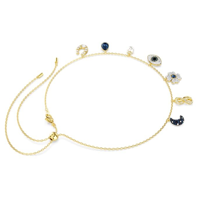 Gargantilla Symbolica con perlas de cristal, luna, símbolo de Infinity, trébol, ojo del mal y herradura, azul, chapada en tono dorado Gargantilla Symbolica con perlas de cristal, luna, símbolo de Infinity, trébol, ojo del mal y herradura, azul, chapada en tono dorado