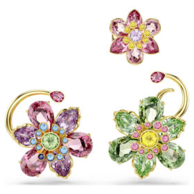 Juego de aretes tipo «ear cuff» Idyllia (3), diseño asimétrico, cortes variados, flores, multicolor, chapado en tono dorado