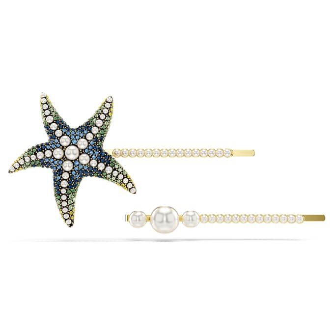 Juego de horquillas Idyllia (2), perlas de cristal, estrella de mar, multicolor, chapado en tono dorado Juego de horquillas Idyllia (2), perlas de cristal, estrella de mar, multicolor, chapado en tono dorado