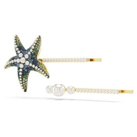 Juego de horquillas Idyllia (2), perlas de cristal, estrella de mar, multicolor, chapado en tono dorado