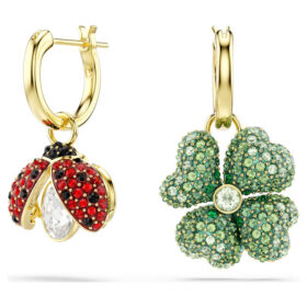 Juego de pendientes colgantes Idyllia (3), mariquita, trébol, fresa, multicolor, chapado en tono dorado