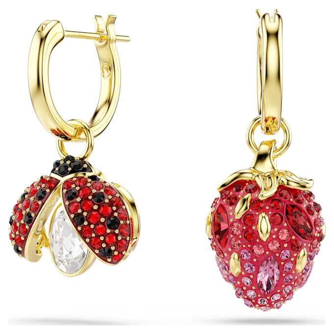 Juego de pendientes colgantes Idyllia (3), mariquita, trébol, fresa, multicolor, chapado en tono dorado Juego de pendientes colgantes Idyllia (3), mariquita, trébol, fresa, multicolor, chapado en tono dorado