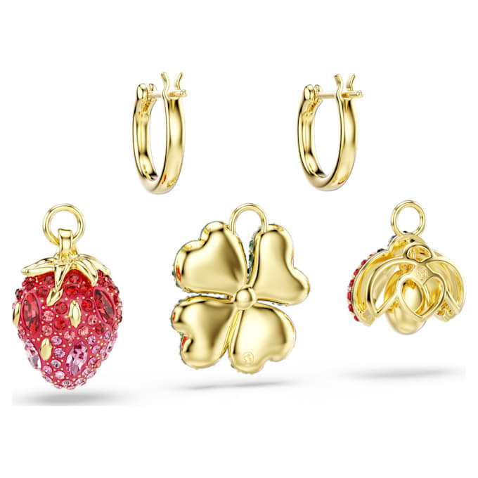 Juego de pendientes colgantes Idyllia (3), mariquita, trébol, fresa, multicolor, chapado en tono dorado Juego de pendientes colgantes Idyllia (3), mariquita, trébol, fresa, multicolor, chapado en tono dorado