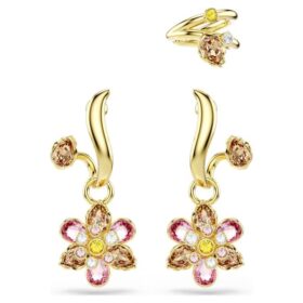 Juego de pendientes Idyllia (3), cortes mixtos, flor, multicolor, chapado en tono dorado