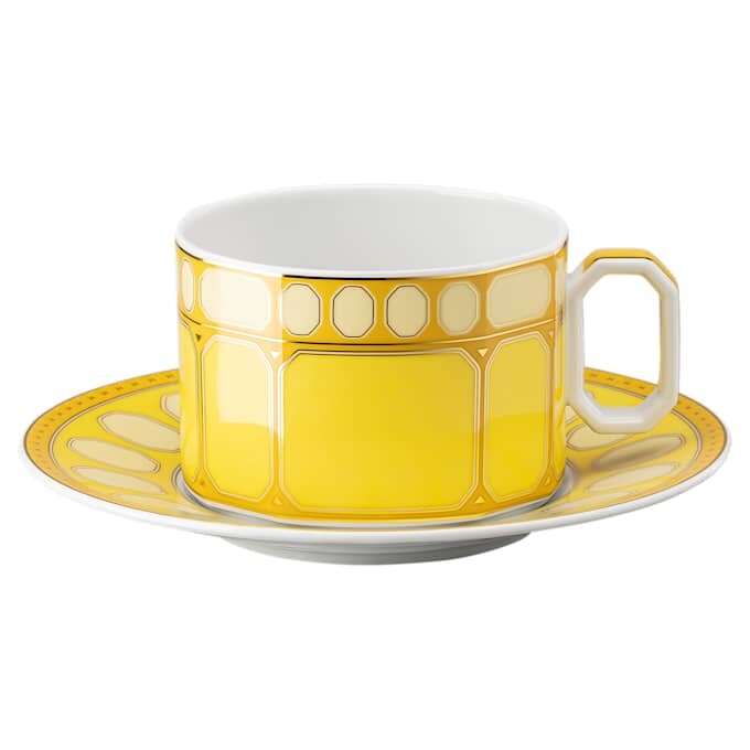 Taza de té con platillo Signum de porcelana, amarilla Taza de té con platillo Signum de porcelana, amarilla