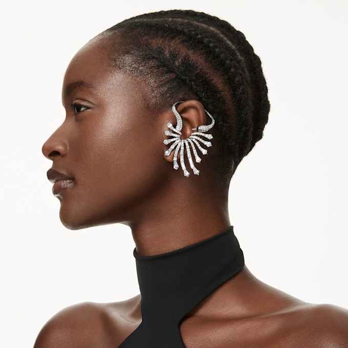 Pendiente tipo «ear cuff» de la Colección Viena: Cisne, blanco, chapado en rutenio Pendiente tipo «ear cuff» de la Colección Viena: Cisne, blanco, chapado en rutenio