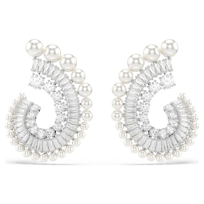 Pendientes colgantes Ariana Grande X Swarovski con perla de cristal, cortes mixtos, blancos, chapados en rodio Pendientes colgantes Ariana Grande X Swarovski con perla de cristal, cortes mixtos, blancos, chapados en rodio
