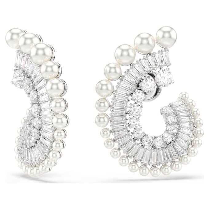 Pendientes colgantes Ariana Grande X Swarovski con perla de cristal, cortes mixtos, blancos, chapados en rodio Pendientes colgantes Ariana Grande X Swarovski con perla de cristal, cortes mixtos, blancos, chapados en rodio