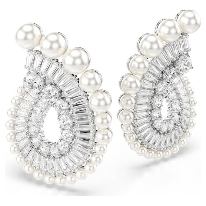 Pendientes colgantes Ariana Grande X Swarovski con perla de cristal, cortes mixtos, blancos, chapados en rodio Pendientes colgantes Ariana Grande X Swarovski con perla de cristal, cortes mixtos, blancos, chapados en rodio