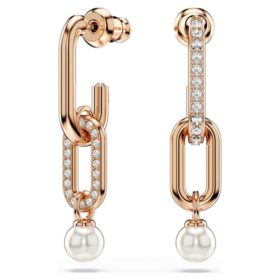 Pendientes colgantes Constella con perla de cristal, corte redondo, blancos, chapados en tono oro rosa