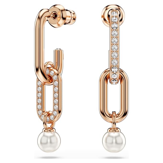 Pendientes colgantes Constella con perla de cristal, corte redondo, blancos, chapados en tono oro rosa Pendientes colgantes Constella con perla de cristal, corte redondo, blancos, chapados en tono oro rosa