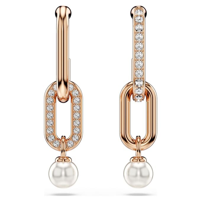 Pendientes colgantes Constella con perla de cristal, corte redondo, blancos, chapados en tono oro rosa Pendientes colgantes Constella con perla de cristal, corte redondo, blancos, chapados en tono oro rosa