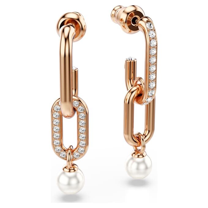 Pendientes colgantes Constella con perla de cristal, corte redondo, blancos, chapados en tono oro rosa Pendientes colgantes Constella con perla de cristal, corte redondo, blancos, chapados en tono oro rosa