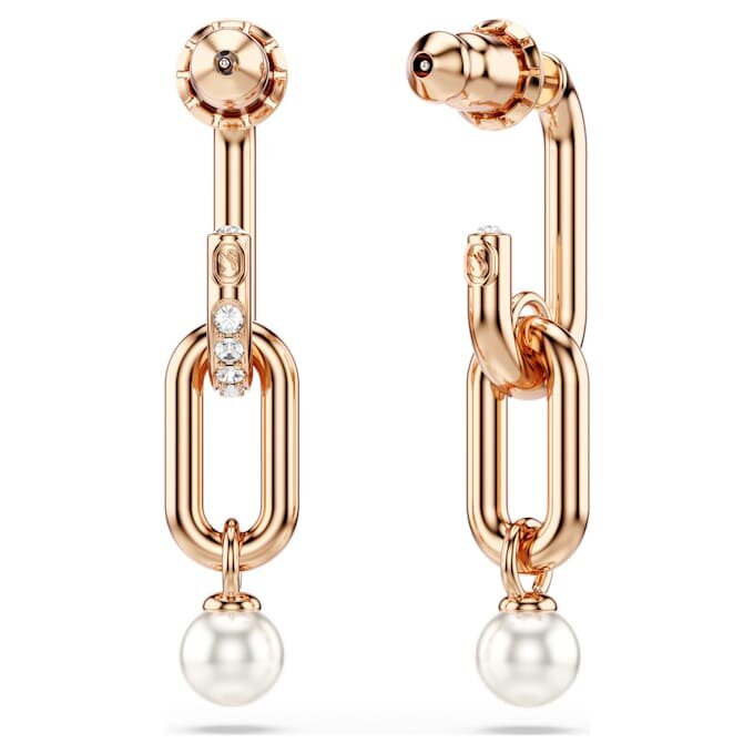 Pendientes colgantes Constella con perla de cristal, corte redondo, blancos, chapados en tono oro rosa Pendientes colgantes Constella con perla de cristal, corte redondo, blancos, chapados en tono oro rosa