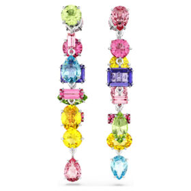 Pendientes colgantes Gema: diseño asimétrico, cortes mixtos, largos, multicolores, chapados en rodio