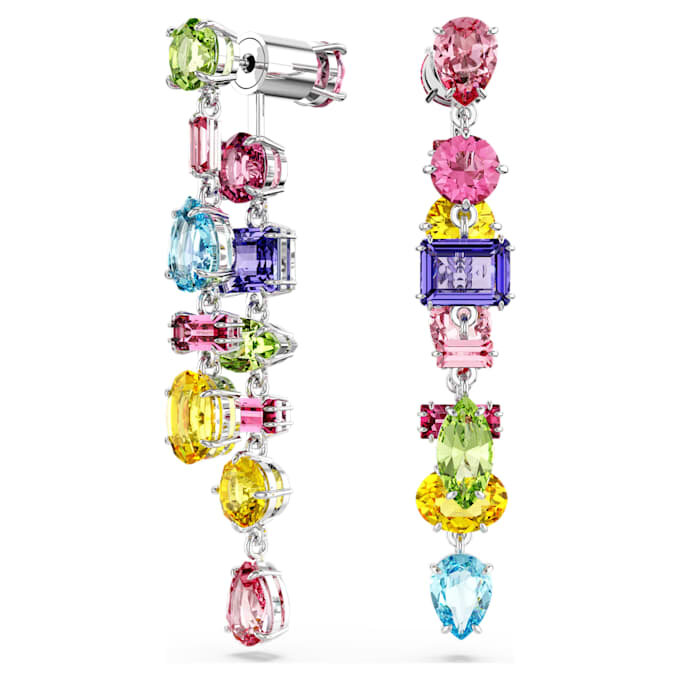 Pendientes colgantes Gema: diseño asimétrico, cortes mixtos, largos, multicolores, chapados en rodio