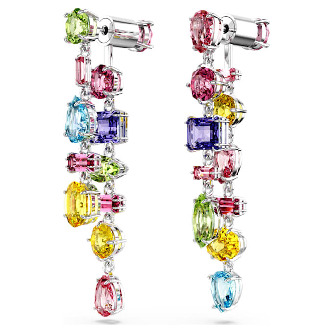 Pendientes colgantes Gema: diseño asimétrico, cortes mixtos, largos, multicolores, chapados en rodio