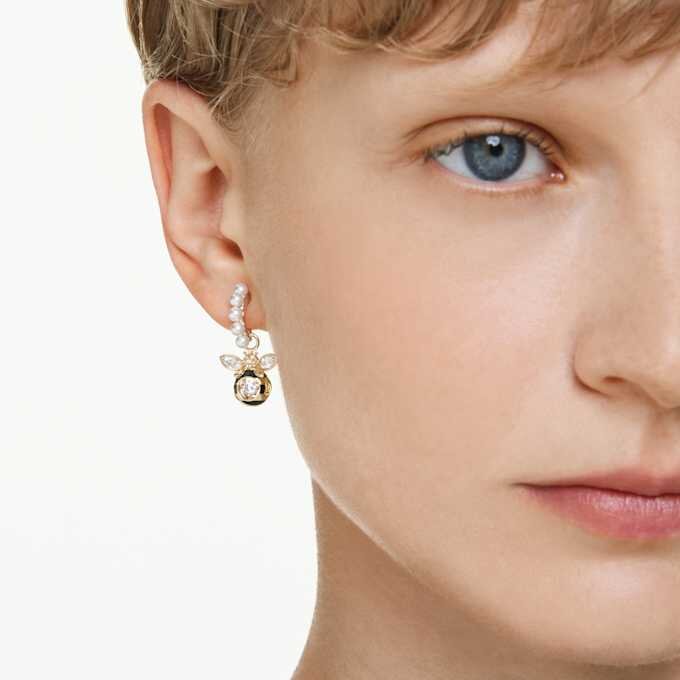 Pendientes colgantes Idyllia con perlas de cristal, cortes mixtos, abejas, multicolores, chapados en tono dorado