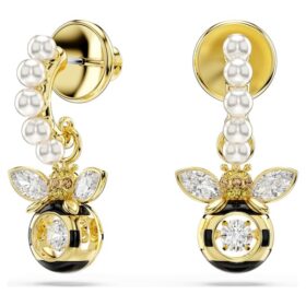 Pendientes colgantes Idyllia con perlas de cristal, cortes mixtos, abejas, multicolores, chapados en tono dorado