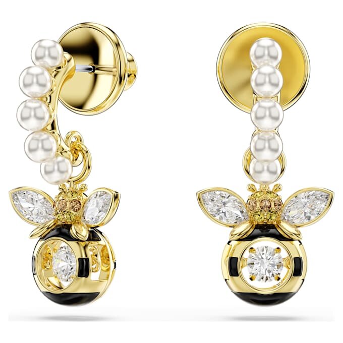Pendientes colgantes Idyllia con perlas de cristal, cortes mixtos, abejas, multicolores, chapados en tono dorado