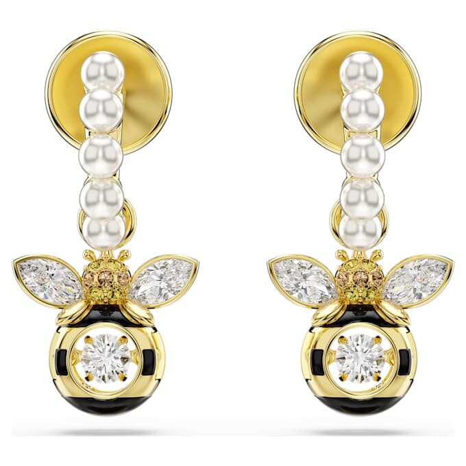 Pendientes colgantes Idyllia con perlas de cristal, cortes mixtos, abejas, multicolores, chapados en tono dorado