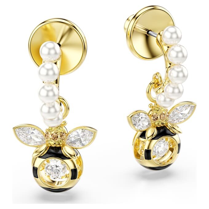 Pendientes colgantes Idyllia con perlas de cristal, cortes mixtos, abejas, multicolores, chapados en tono dorado