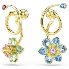 Pendientes colgantes Idyllia: diseño asimétrico, cortes mixtos, forma de flor, multicolores, chapados en tono dorado