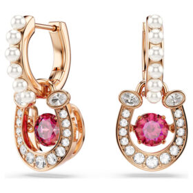 Pendientes colgantes Symbolica con perla de cristal, corte redondo, pavé, herradura, rojo, chapado en tono oro rosa