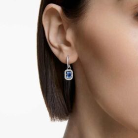 Pendientes colgantes Una con corte octogonal, azules, chapados en rodio