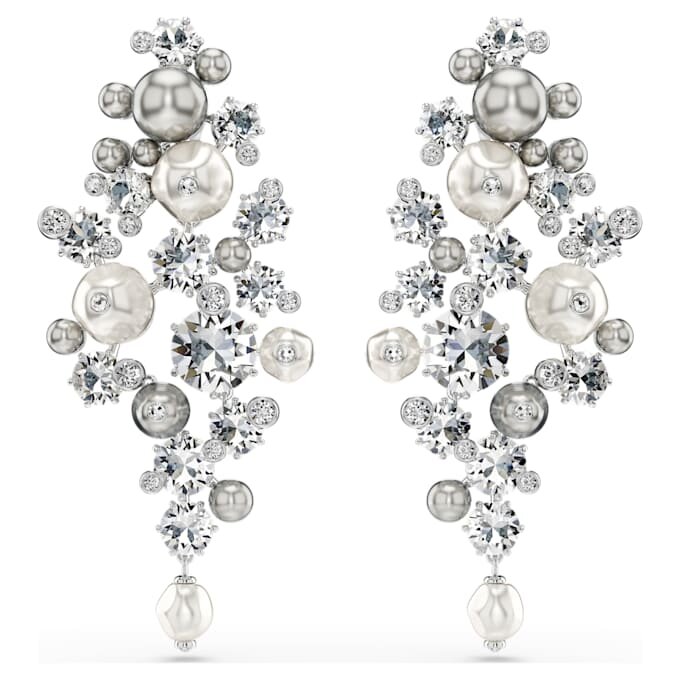 Pendientes Constella con perla de cristal, corte redondo, blancos, chapados en rodio Pendientes Constella con perla de cristal, corte redondo, blancos, chapados en rodio