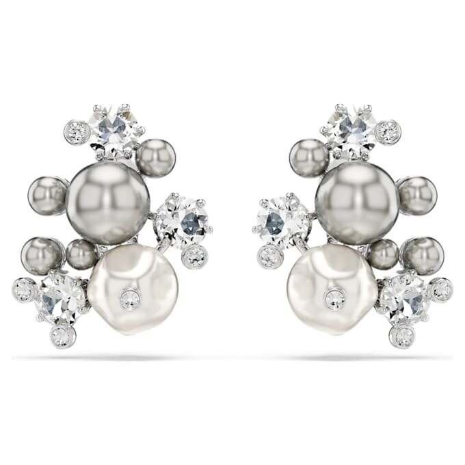 Pendientes Constella con perla de cristal, corte redondo, blancos, chapados en rodio Pendientes Constella con perla de cristal, corte redondo, blancos, chapados en rodio